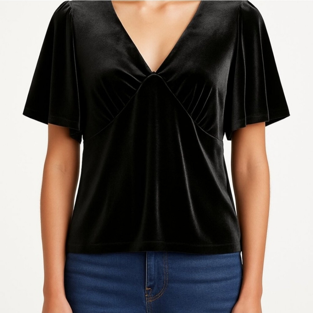 Knox Rose 1X Black Velvet Babydoll Top  Full Sleeves Stretch Goth Flirty NWOT